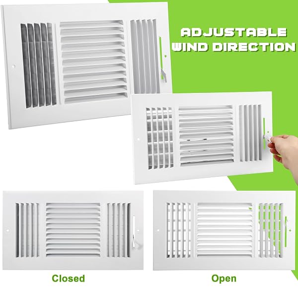 GISAFAI 8 PCS VENT COVERS 12 X 6 INCH HVAC SIDEWALL AIR CEILING REGISTER 3 WAY VENTS FOR WALL SOLID STEEL MANUAL ADJUSTER FOR HOME, BATHROOM, TOILET, OFFICE (WHITE)