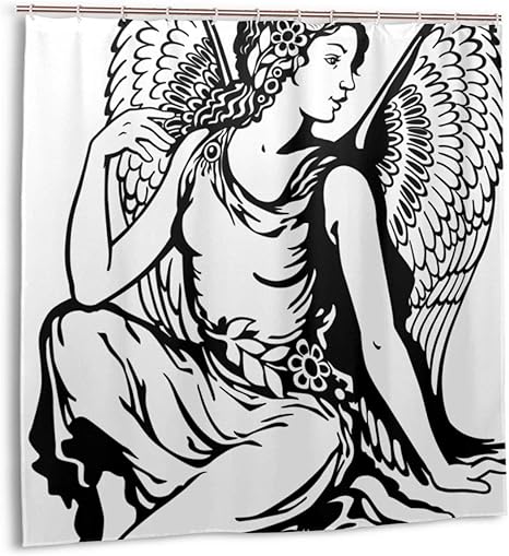 Amazon バスルームの装飾カーテンセット 干支乙女座 天使の羽を持つ若い女性の芸術的な図のシャワーカーテンモノクロタトゥーアートデザイン フック付き黒と白のファブリックバスカーテン72x72in シャワーカーテン ホーム キッチン オンライン通販