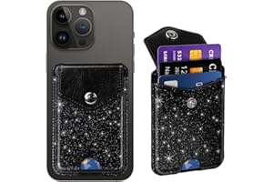 Yiyahu Self Adhesive Card Holders for Back of Phone, Leather RFID Phone Wallet Pockets with Snap, Card Holders Sleeve for Phone Case, Glitter Black