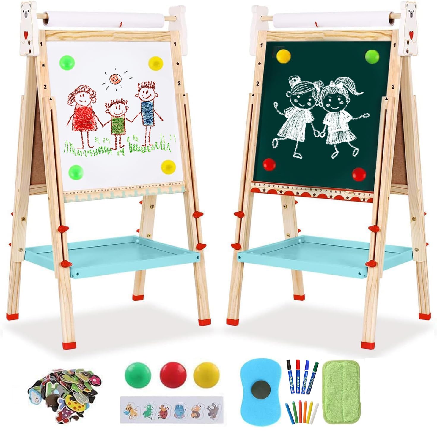Kids Easel Double-Sided Whiteboard & Chalkboard with Paper Roll Standing Easel with Numbers and Other Accessories Adjustable Height Wooden Drawing Board for Kids and Toddlers