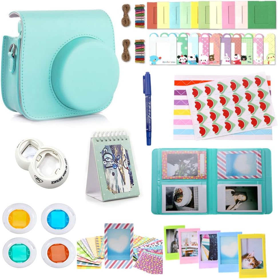 WISAGI 12 in 1 Accessory Bundles Set for Fujifilm Instax Mini 8/8+ (Case Bag/Album/Selfie Lens/Colored Filters/Wall Hang Frames/Film Frames/Border Stickers/Corner Stickers/Pen) Mint