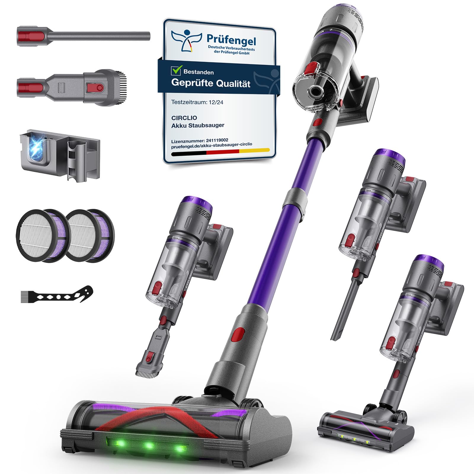 Circlio Akku Staubsauger, 600W/58000Pa/75Min, Laufzeit Staubsauger Kabellos mit Smart LED Display und Ladestation, Selbststehender Akkusauger mit Antitanglebürste für Teppich, Hartboden und Tierhaare