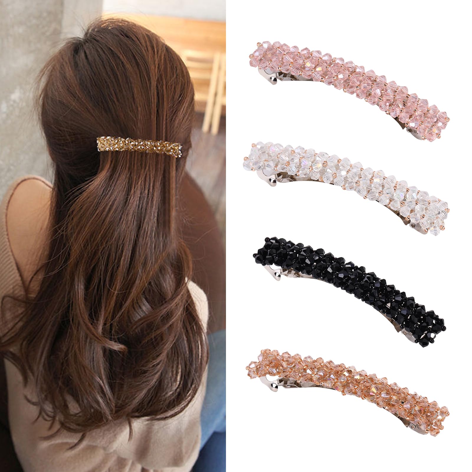 BSITSSS 4 Pieces Crystal Hair Barrettes for Women, Barrette Hair Clips Rhinestone, French Barrette Hair Clip, Shiny Hair Clips & Barrettes, Hair Clasps Bling Accessories for Ladies and Girls