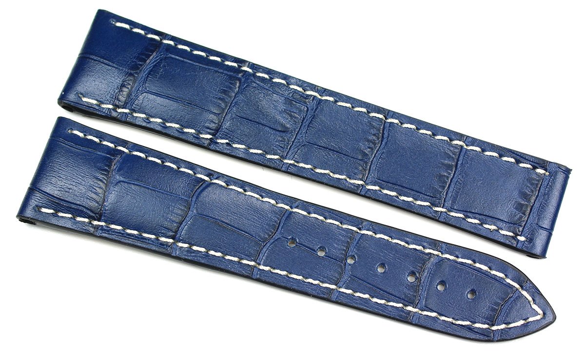 Rios1931 22 mm Watch Band Genuine Leather Crocodile Embossed Handmade Ribbon Blue Leather Watch Strap for Deployment Clasp Fits Omega Germany Crocodile Alligator