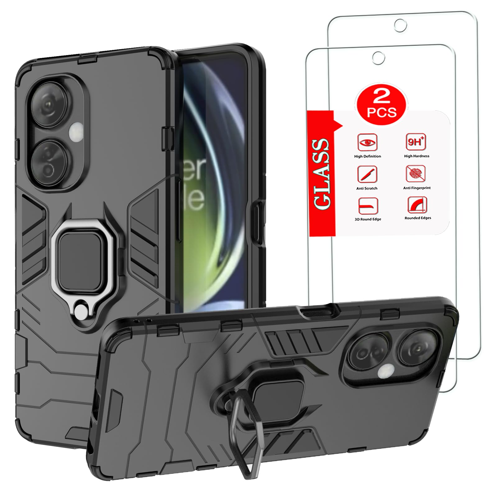 Anvzle for OnePlus Nord N30 5G Case with [2 Pack] Tempered Glass Screen Protector, Heavy Duty Armor [Military-Grade] Protective，for OnePlus N30 Magnetic Kickstand Car Mount Case Black