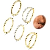 CASSIECA 5Pcs 18G 16G Surgical Steel Nose Rings Hoop for Women CZ Clicker Hinged Septum Ring Lip Helix Cartilage Double Hoop Earring Daith Rook Conch Body Piercing Jewelry for Women 8mm 10mm