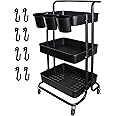 Piowio 3 Tier Utility Rolling Cart Multifunction Organizer Shelf Storage Cart with Handle and Lockable Wheels for Home Kitchen Bathroom Laundry Room Office Store etc. (Black)