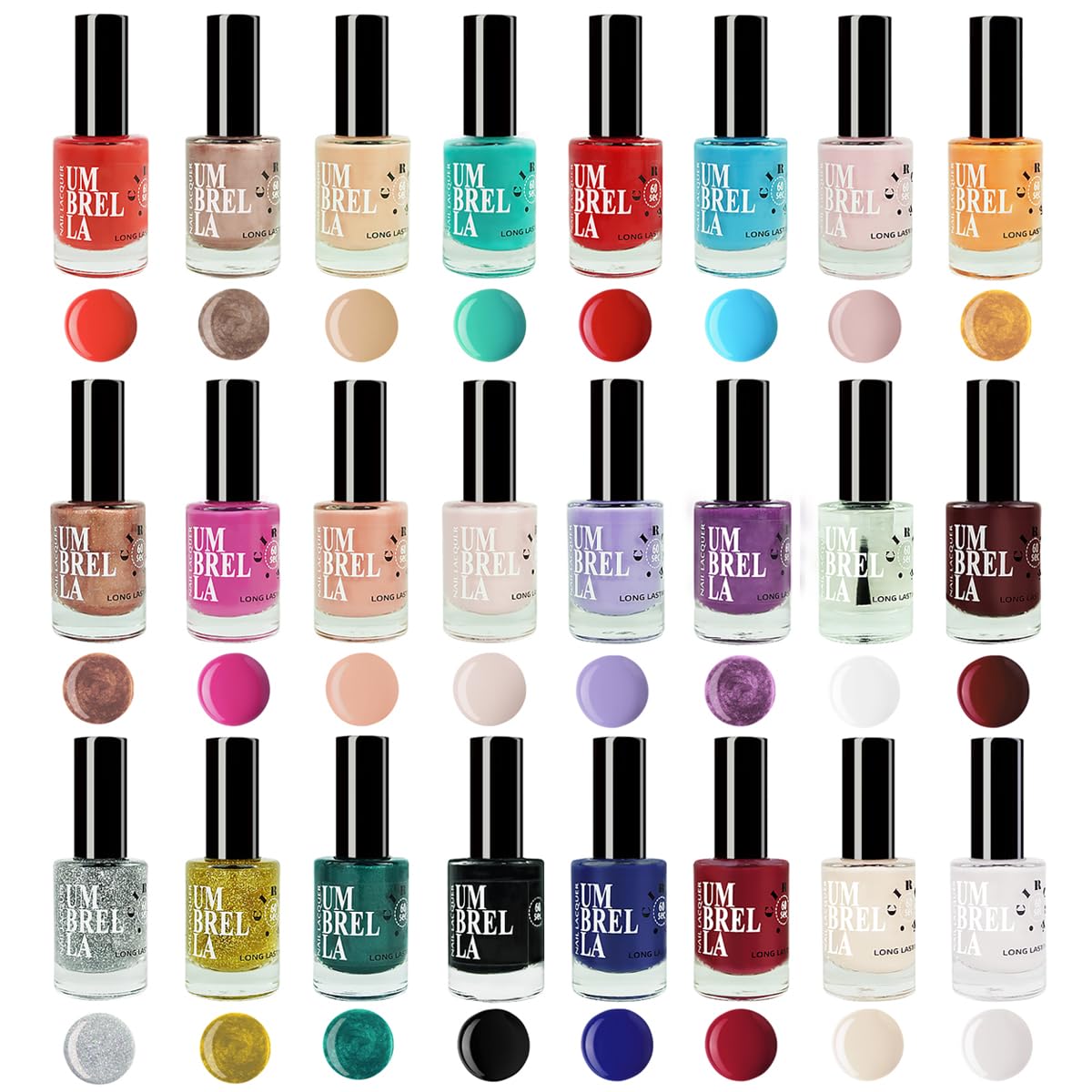 Set of 24 Nail Polishes - 24 Unique & Vibrant Colours 11ml Bottles Quick-Dry and Long-Lasting, Made in the EU