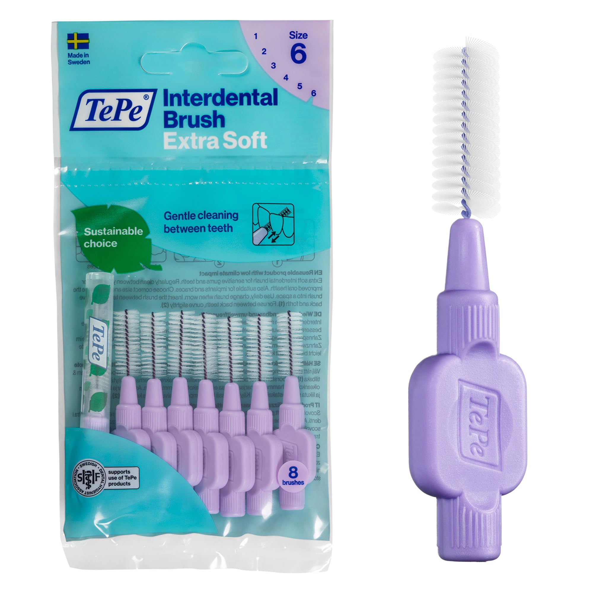 TePe Interdental Brush, Extra Soft, Purple, 1.1mm/ISO 6, 8pcs, Plaque Removal, Effective Cleaning Between Teeth, Dental flosser for Large Gaps