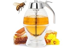 Honey Dispenser No Drip Glass 8 oz with Plastic Top, Beautiful Honeycomb Shaped Honey Jar with Stand - 6" Clear Container, Ho