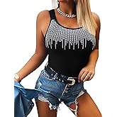 Ninimour Women's Tank Tops Round Neck Rhinestone Decor Sleeveless Thick Strap Summer Sparkle Skinny Shirt Top