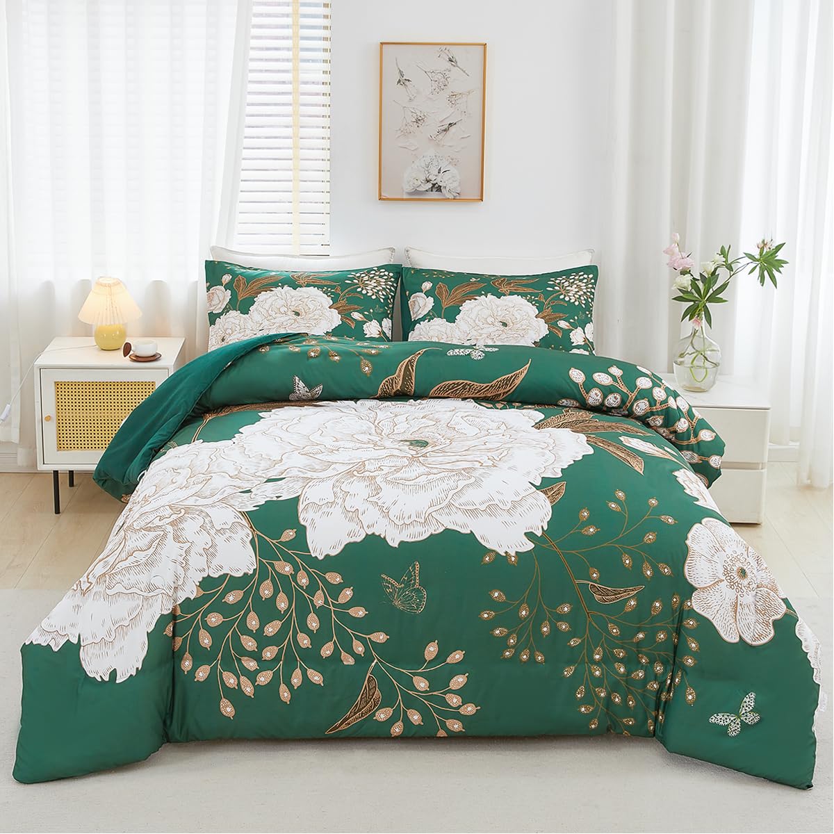 STYHO 3 Pcs Green Floral Bedding Set Super King Blossom White Flower Duvet Cover Set Soft Stylish Botanical Butterfly Duvet Covers with Zipper Closure(Green, Super King)