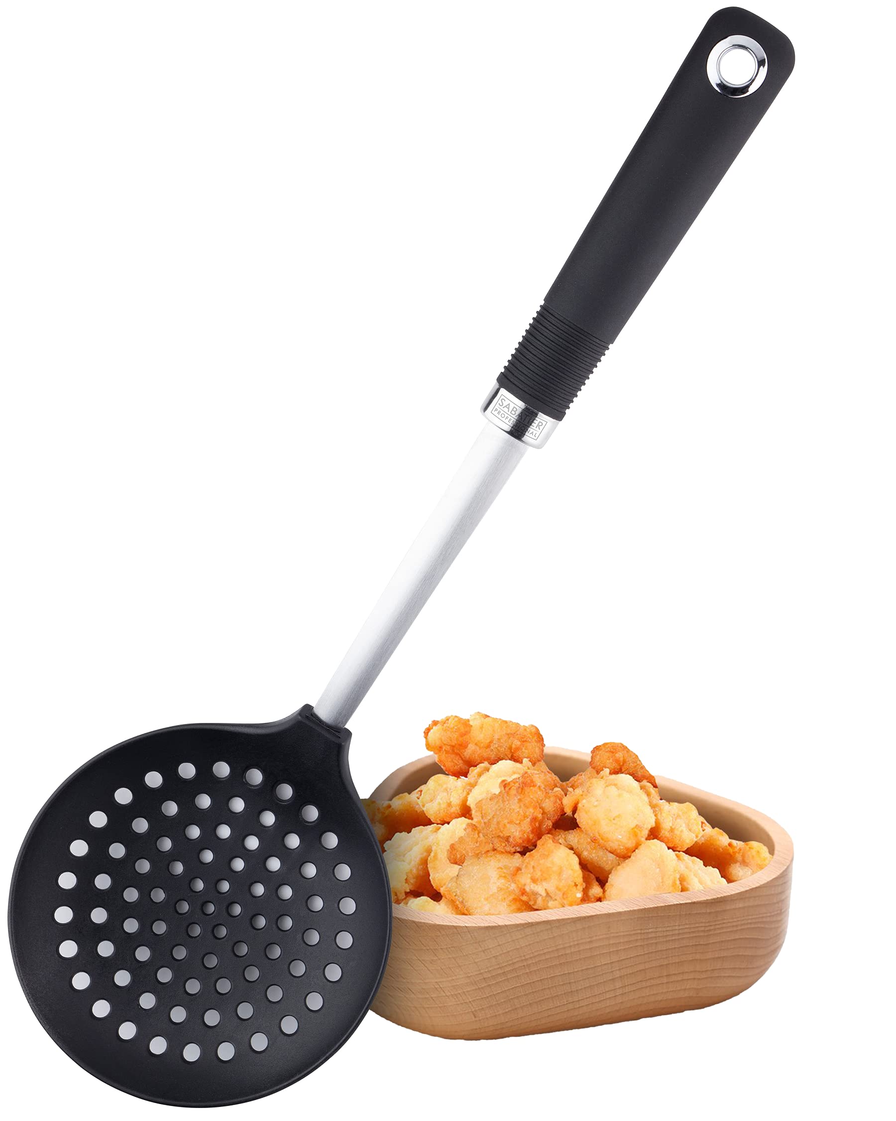 Sabatier Professional Nylon Skimmer Spoon - Anti-Scratch for Non-Stick Pans. Dishwasher Safe. Stainless Steel Core, Soft Grip Handle. Large and Slotted for Draining.25 Year Guarantee.