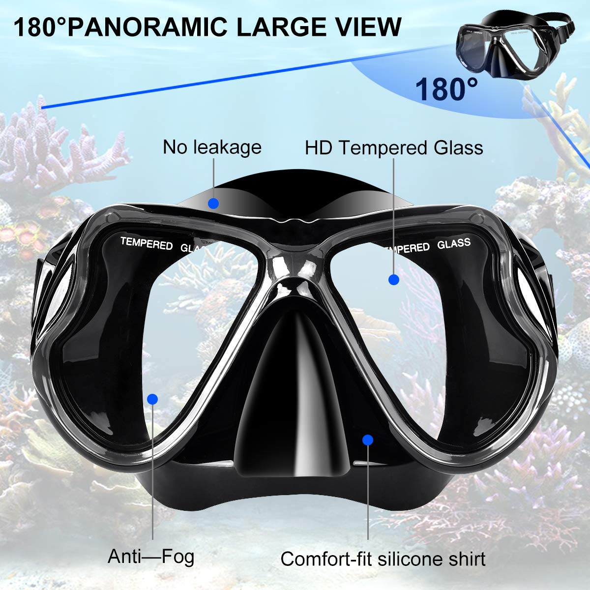 Charlemain Set Snorkeling, Anti-Fog Maschera Snorkeling con Panoramica a 180 Gradi e Boccaglio Snorkel, Kit Snorkeling Professionale per Adulti