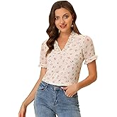 Allegra K Floral Blouse for Women's Short Sleeve V Neck Ruffled Top