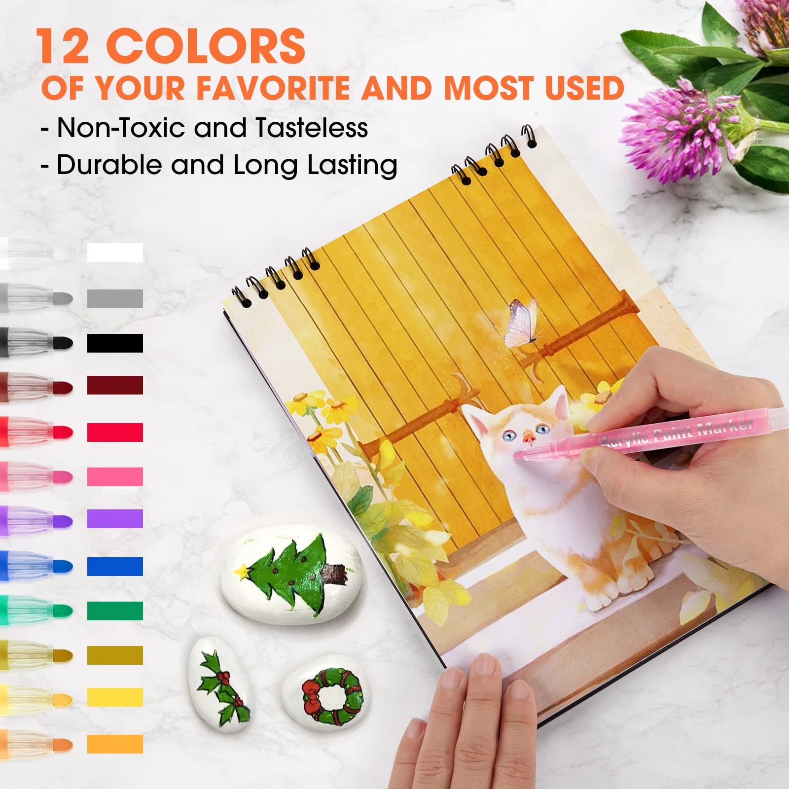 Droaful Acrylic Paint Pens Markers -12 Color Waterproof Paint Pens for Rock Painting,Graffiti, Stone, Ceramic, Glass, Wood, Fabric, Canvas, Porcelain, Metal,Water Based Quick Dry Non-Toxic