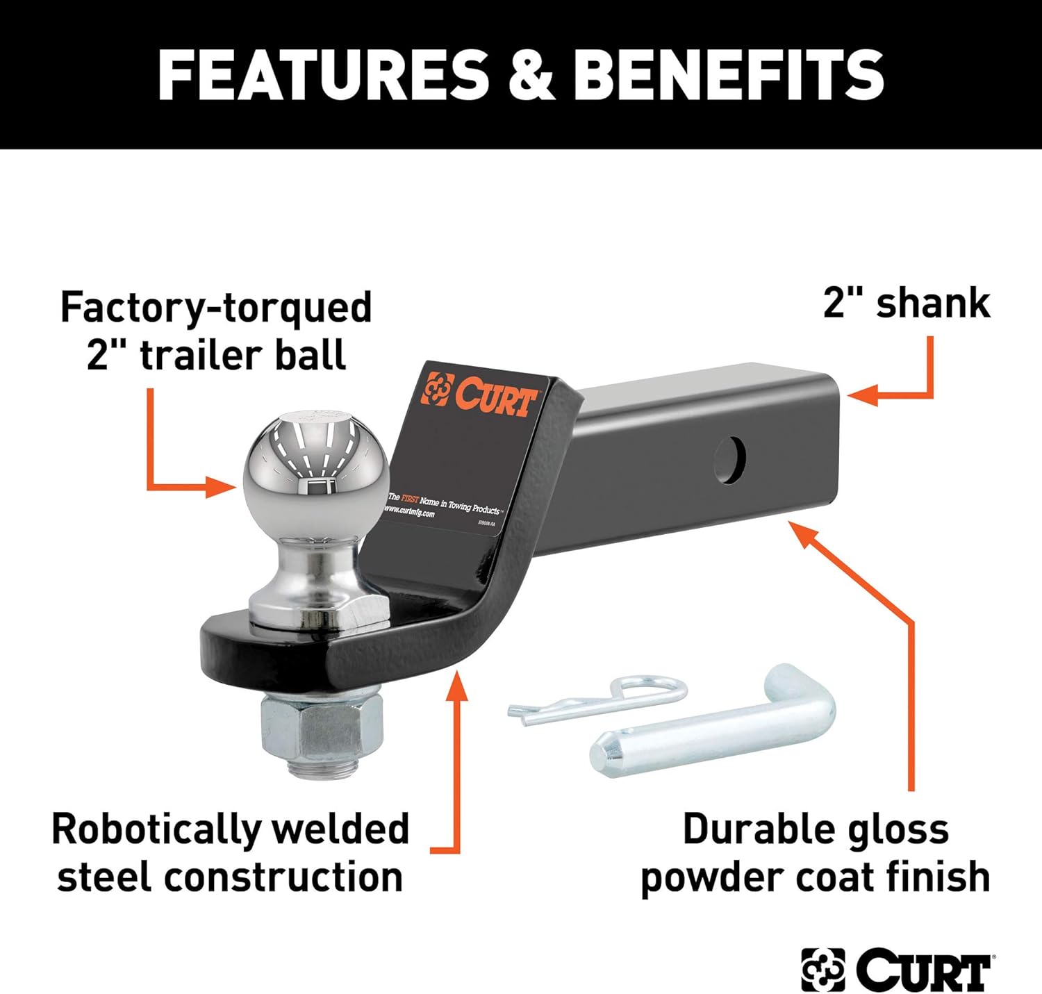 CURT 45036 Trailer Hitch Mount with 2-Inch Ball & Pin, Fits 2-in Receiver, 7,500 lbs, 2" Drop: Automotive