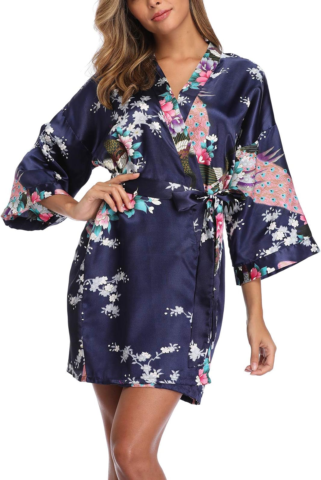 UrHotWomen's Floral Kimono Satin Short Robe Peacock and Blossom Soft Bathrobe for Wedding Party Getting Ready