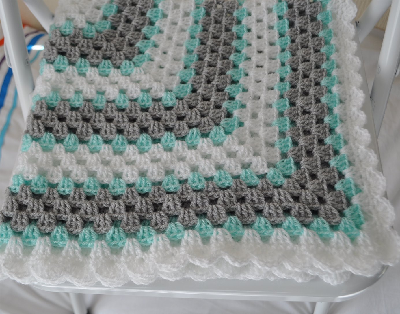 Handmade Crochet Granny Square Mint Grey and White Baby Blanket with a Scalloped Border. Perfect