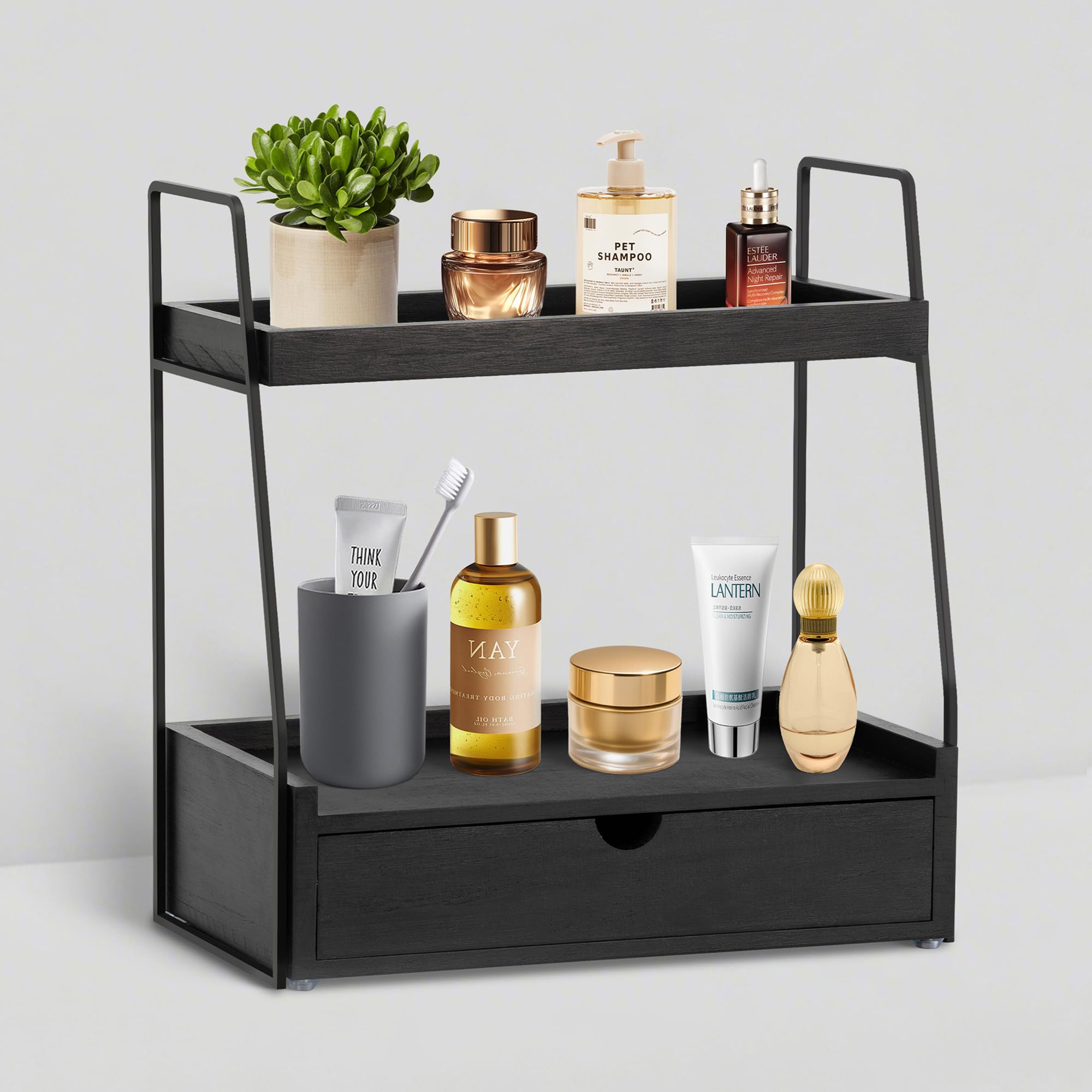 Photo 1 of (PARTIAL SET) dreampossible 2-Tier Bathroom Organizer Countertop with Drawer, Wood Counter Organizer for Bathroom Decor, Sink Shelf for Vanity Storage, Makeup Tray for Perfume Skincare Bedroom Kitchen Corner