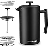 Belwares French Press Coffee Maker - Double Wall 304 Stainless Steel - 4 Level Filtration System with 2 Extra Filters, Black,