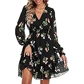 Prettywear Women's Floral Chiffon Long Sleeve Mini Dress Flowy A-Line Wrap Neck Tie Back Short Dress