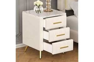 DKYNDSYN Beige Velvet Upholstered Nightstand with Marbling Top, 3 Drawer Bedside End Table with Gold Metal Legs and Handles f