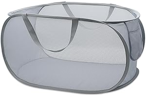 HONOMA Sturdy Mesh Laundry Hamper Basket Bag,Pop up Basket with Side Pocket for Laundry Room, Bathroom, Kids Room, College Dorm or Travel (Pop Horizontal, Grey)