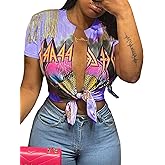 Deeryi Sexy Graphic Tees for Women Tie Up Front Deep V Neck Top Short Sleeve Print Tassel Shirts