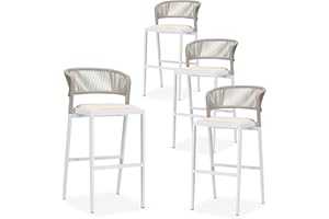 PURPLE LEAF Bar Stool Set of 4 Outdoor PE Rattan Bar Chairs with Back Metal Bar Height Stool for Deck Garden Wicker Barstool White