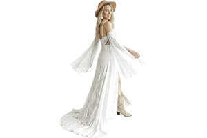 Ayervici Women Beach Lace Wedding Dress V Neck Long Bell Sleeves Low Back A-Line High Slit Boho Bridal Gowns for Bride