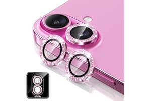 BERFY Camera Lens Protector for iPhone 16/16 Plus/17, Glitter Bling Aluminum Alloy Metal Ring, 9H Tempered Glass Camera Cover Screen Protector Accessories, Anti-Scratch, Case Friendly, Hot Pink
