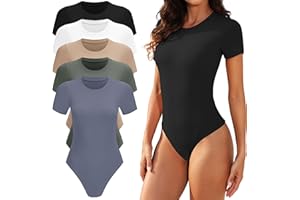 TVKSOM 5 Pack Body suits for Womens Short Sleeve Round Neck Casual Stretchy Basic T Shirt Bodysuit Tops