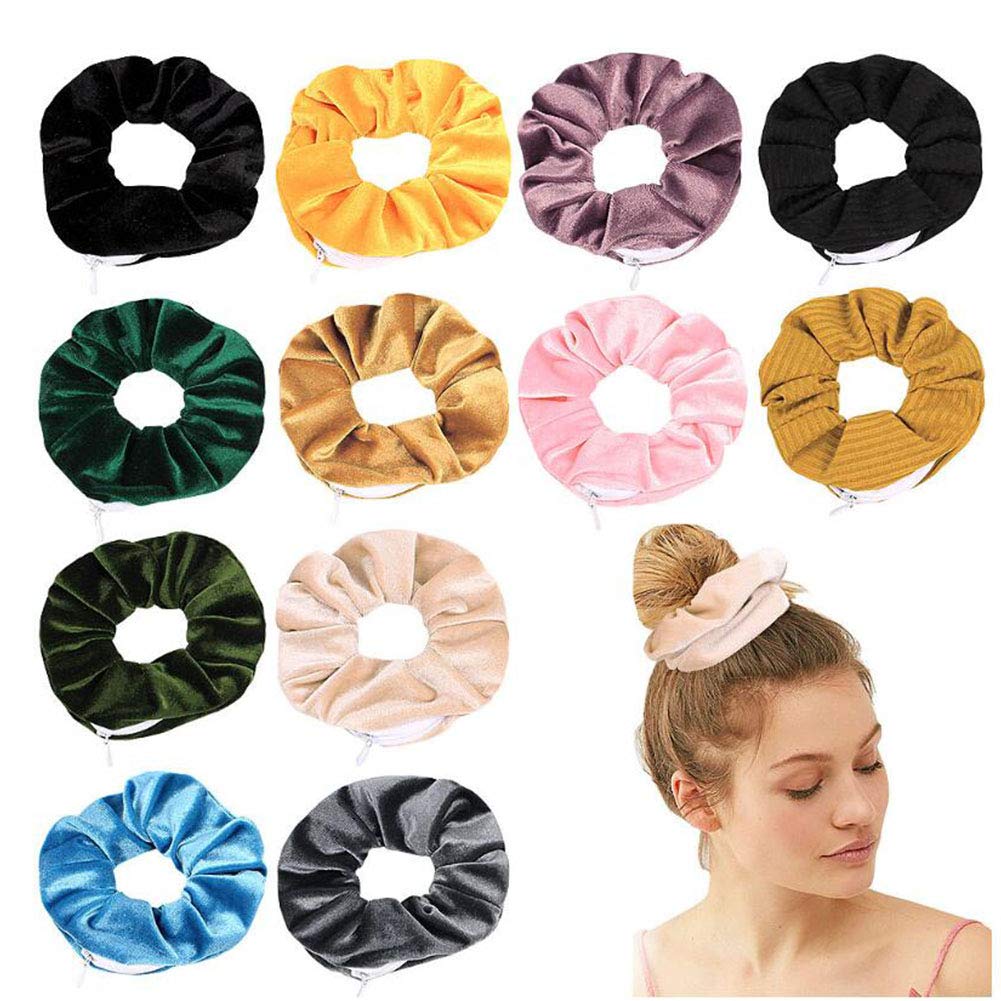 Velvet Hair Tie Scrunchies for Girls & Women - Original Hidden Pocket Scrunchie with Zipper Pocket Storage for Accessories, Small Items, Keys, Money (12-Pack)