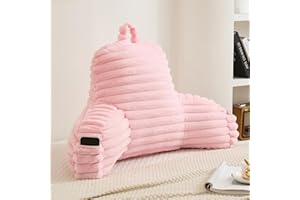Memfydu Faux Fur Fluffy Pink Reading Pillow with Pockets, Luxury Striped Plush Decorative, Arm Rests and Back Surport for Bed Rest, Lounging on sofa, Large