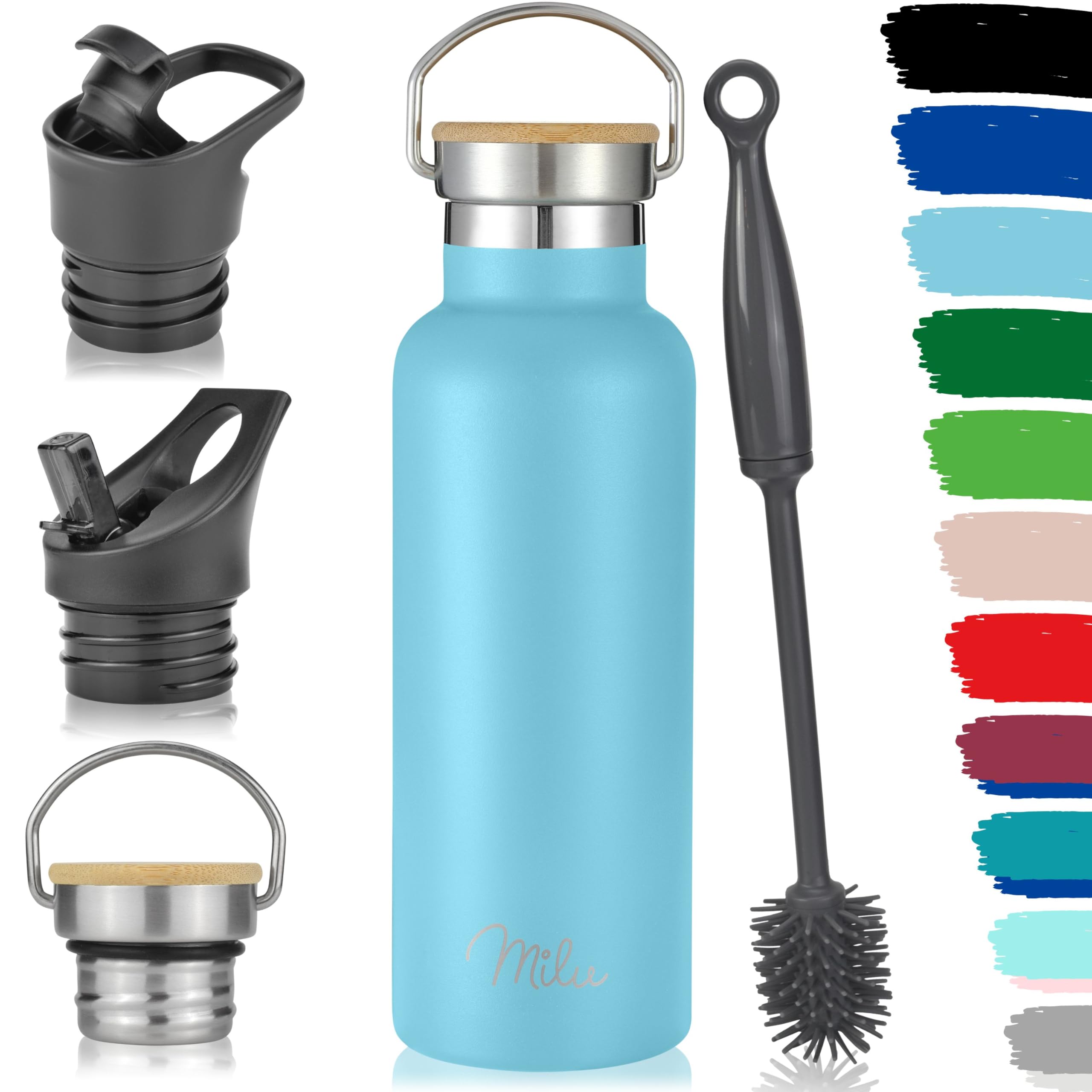 Milu Stainless Steel Drinking Bottle 350ml, 500ml, 750ml, 1l (+3 Lids) - Thermo Bottle with Straw, Water Bottle, for Hot, Cold & Carbonated Drinks (Sky Blue, 500ml)