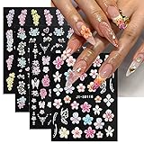 5D Embossed Flowers Nail Stickers, 4 Sheets