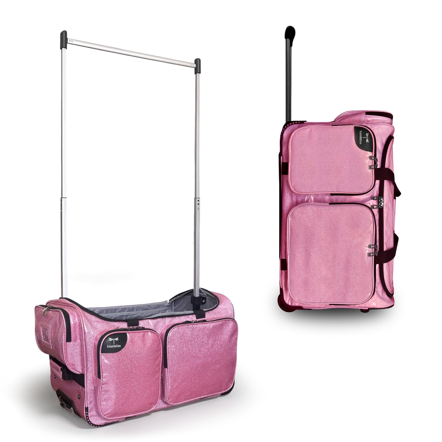 Travolution NEW Glittering Dance Bag with Garment Rack, 23 Inch Rolling Duffel With Wheels, Ideal for Competitions & Travel, Easy-assembly Lightweight Aluminum Clothes Rack (Glitter Pink) Image