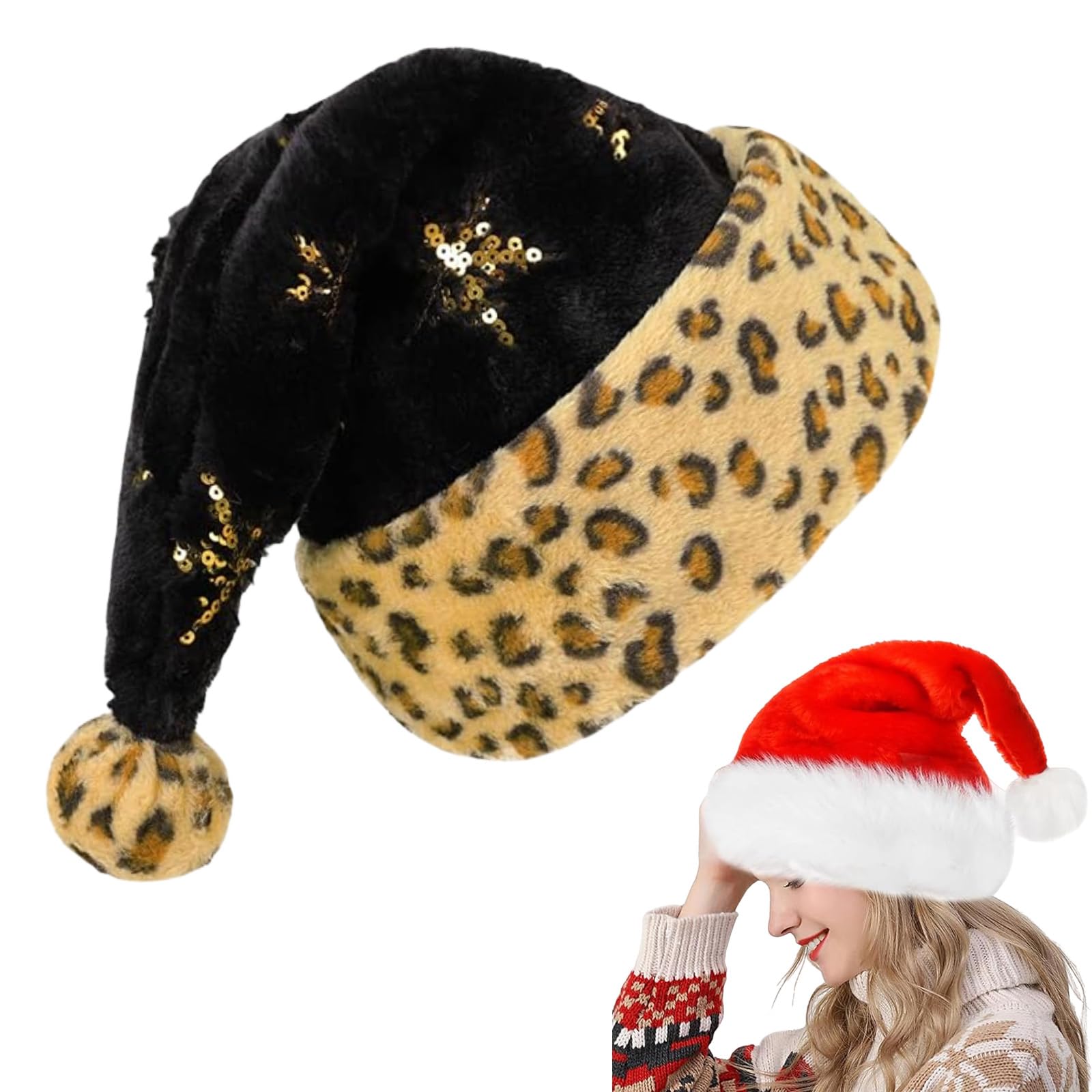 Leopard Santa Hat Christmas Hat 31*47cm for Adults,Kids,Thickened Xmas Hat Plush Santa Claus Hat,Unisex Velvet Father Christmas Hat Costume,Christmas Party Hat Cap for Xmas Holiday New Year Party Gift