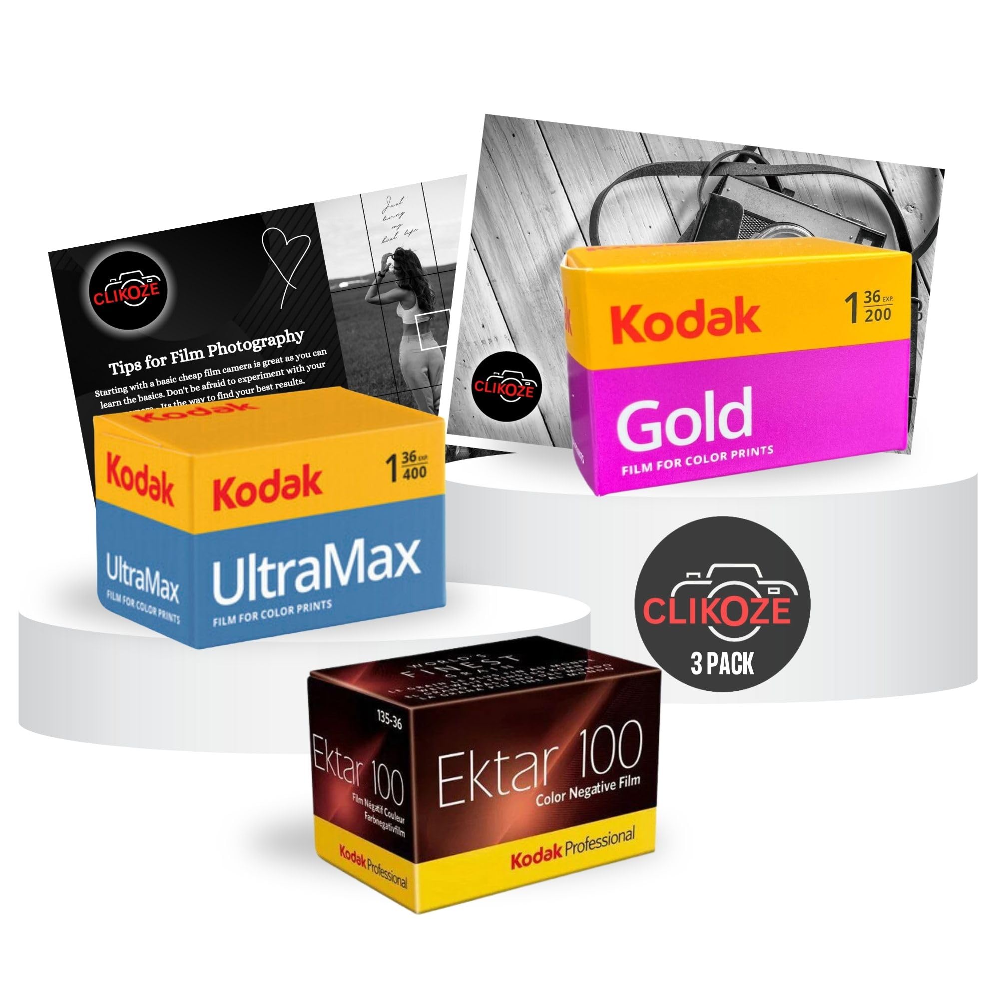 Kodak Film Bundle: Ultramax 400, Ektar 100, Gold 200 (36 Exposures Each) x3 With Clikoze Camera Photography Tips Card