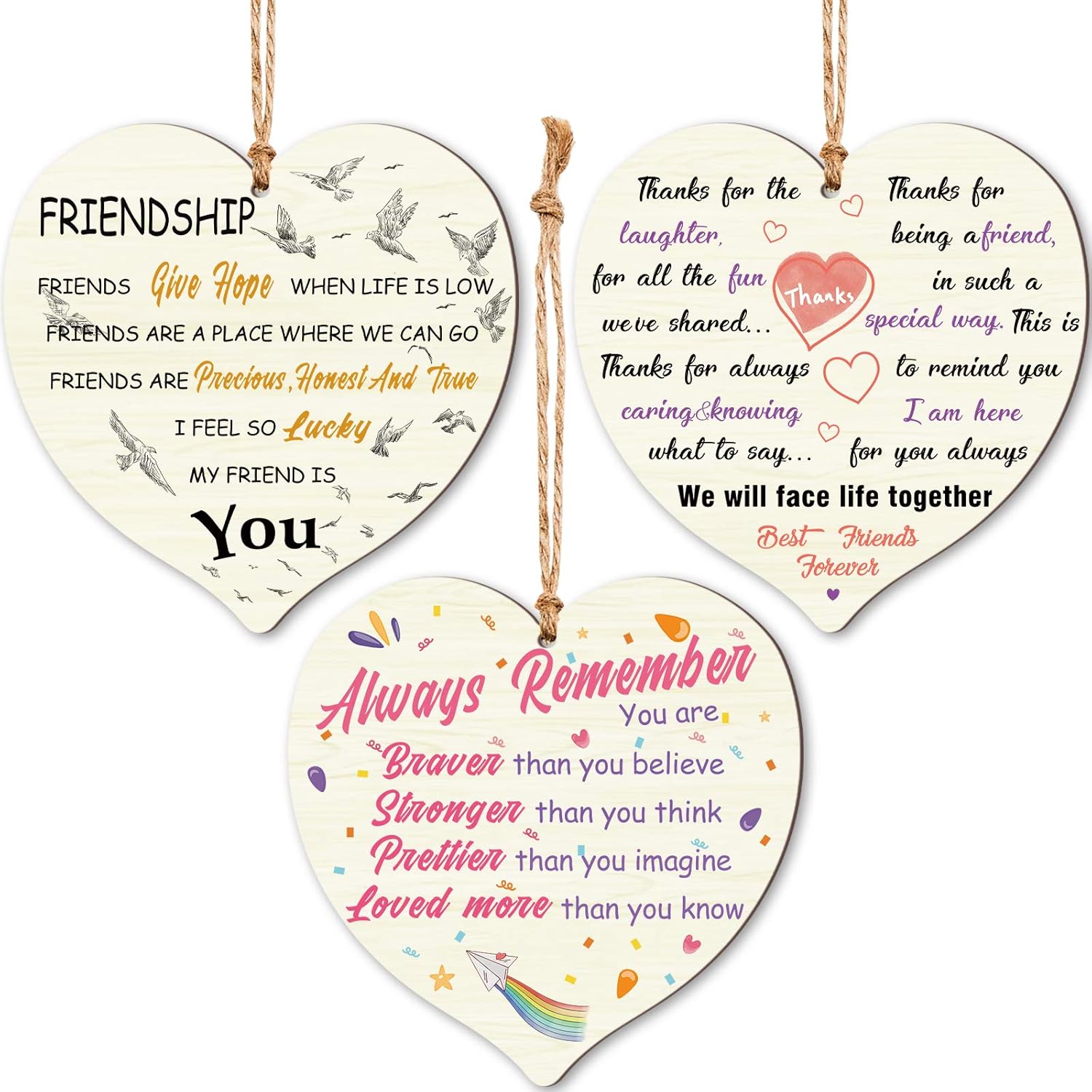 Chuangdi 3 Pieces Wooden Hanging Heart Plaque Friendship Plaques