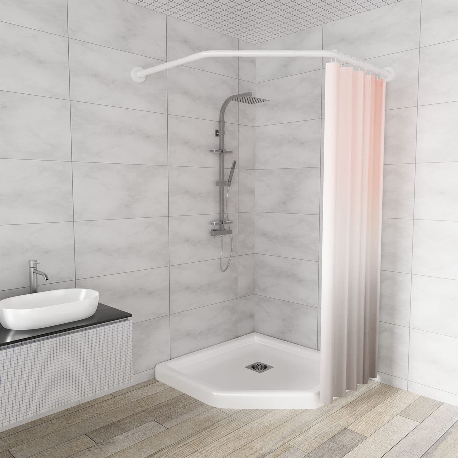 Diamond Shaped Shower Curtain Rail Rack (Both Sides: 43-65cm, Middle:51-66cm) Stretchable True 304 Stainless Bathroom Bathtub Corner Rack White