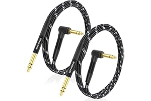 TONTONE 1/4 Inch TRS Cable Right Angle to Straight 2-Pack 3.3FT, 6.35mm Balanced 1/4 Audio Cable for Electric Guitar Bass Keyboard Mixer Amplifier Speaker