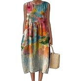 LOVESHOOT Womens Midi Dresses Summer Casual Sleeveless Crew Neck Floral A Line Sundress Boho Flowy Loose Dress