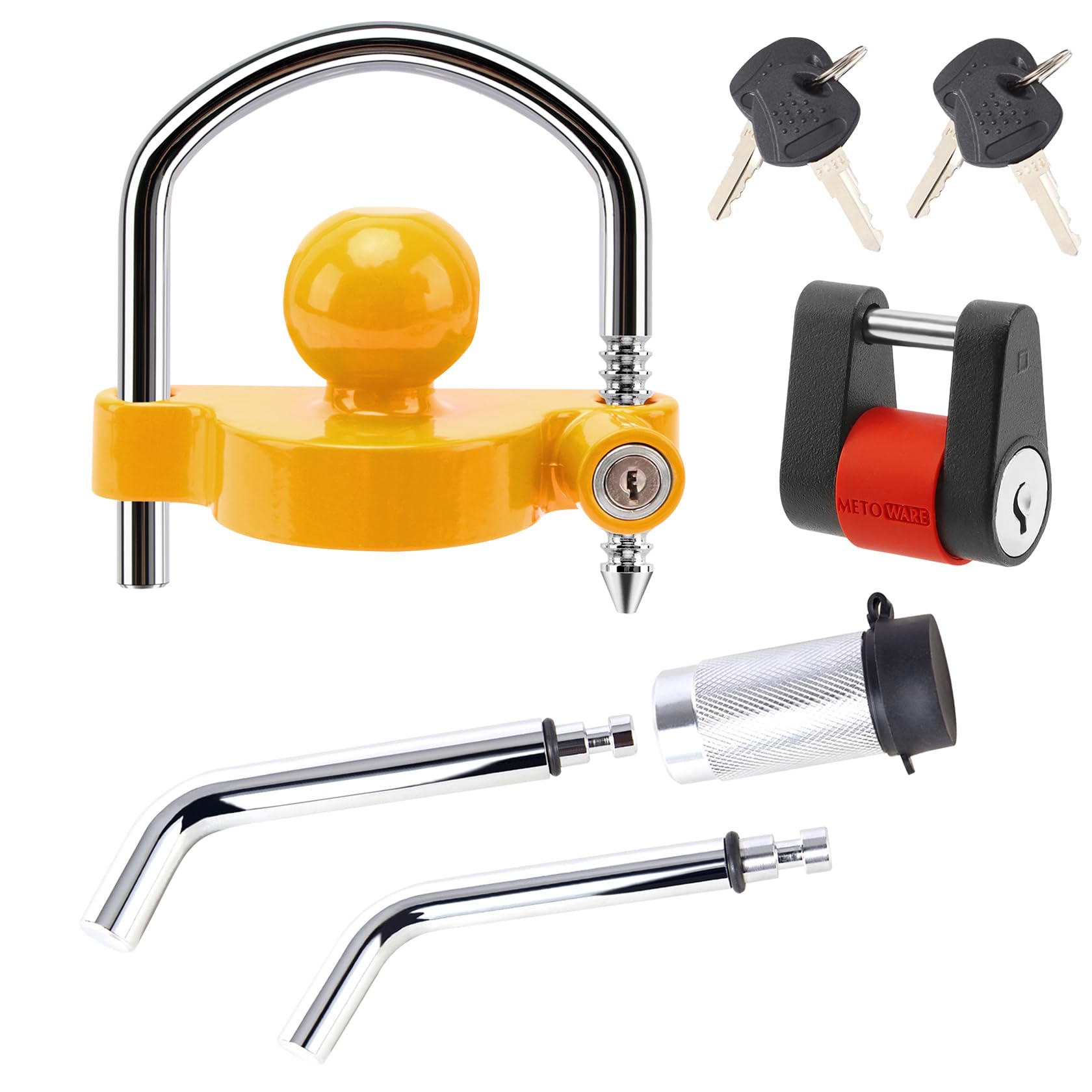 Photo 1 of Keyed Alike Trailer Receiver Lock& Coupler Lock Kit, 1/2" and 5/8" Dia Dual Bent Pin Hitch Lock, 1/4” Dia 3/4” Inch Span Coupler Lock,Universal Tow Ball Lock Fits 1-7/8",2' 2-5/16" Coupler Yellow