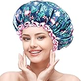mikimini Large Shower Cap for Women Long Hair, Flamingo Shower Caps with Pink Lace, Double-layer Waterproof, Reusable, Washable,X-Large (Pack of 1)