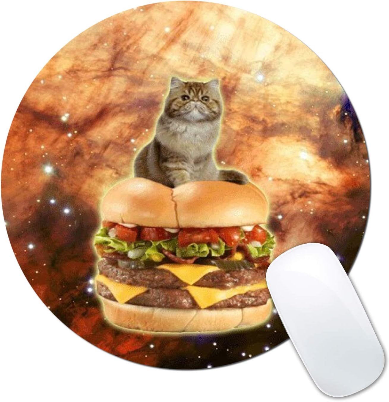 LINARTS Mouse Pad, Funny Space Cat and Hamburger Pattern Design Round Non-Slip Rubber Mouse Pads Office Desk Accessories for Computers Laptop