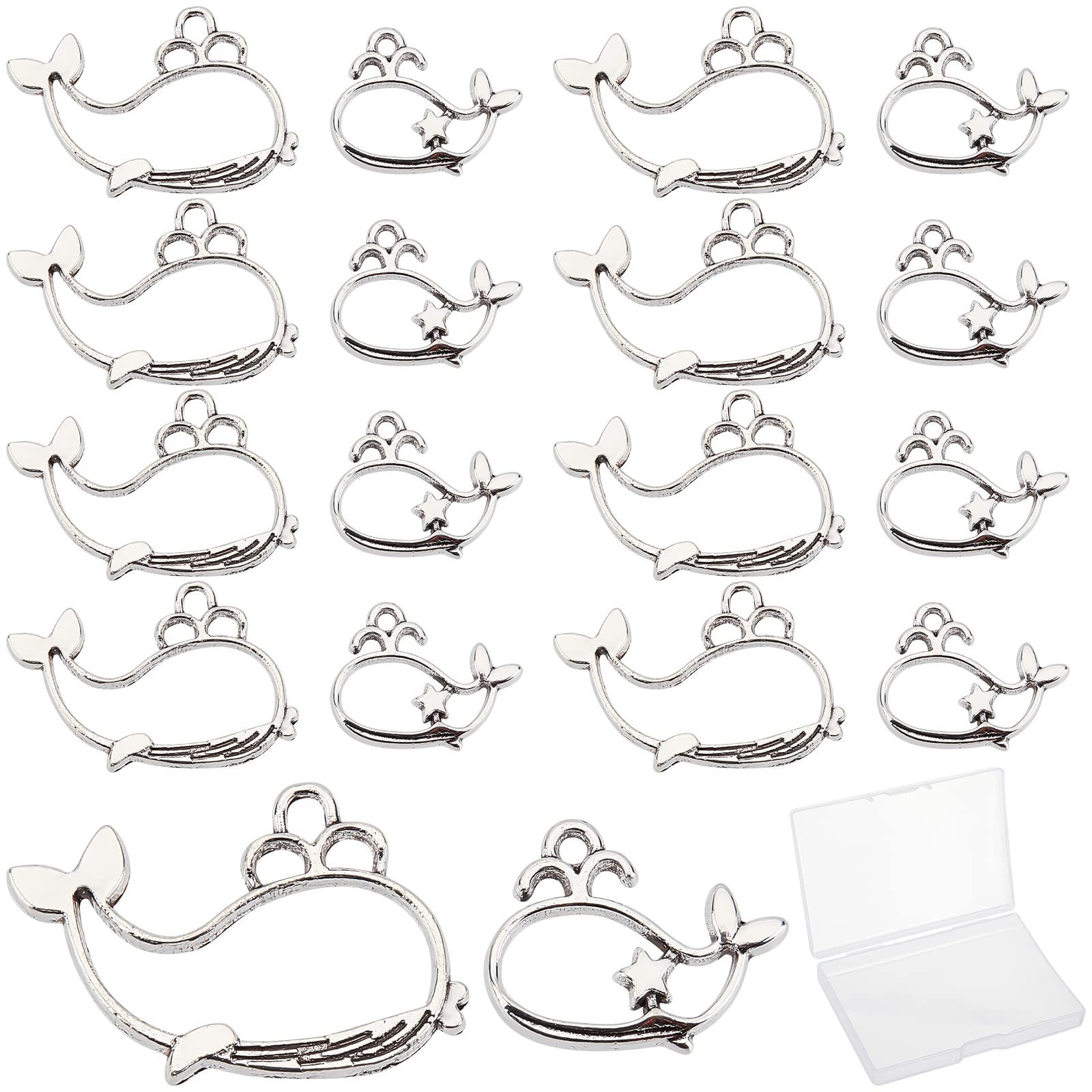 SUNNYCLUE 1 Box 80Pcs 2 Style Whale Bezel Charms Alloy Open Back Bezel Pendants for Bracelet Necklace Earrings Jewellery Making, Silver