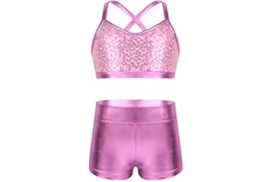 JanJean Kids Girls 2 Piece Ballet Active Outfits Shiny Tank Top with Booty Shorts Gymnastics Leotard Dance Gym Workout