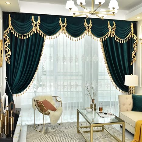 Amazon Com Queen S House Luxury Valance Curtains Velvet Peacock Green Waterfall Swag Window Drapes Panels 52 84 D Furniture Decor